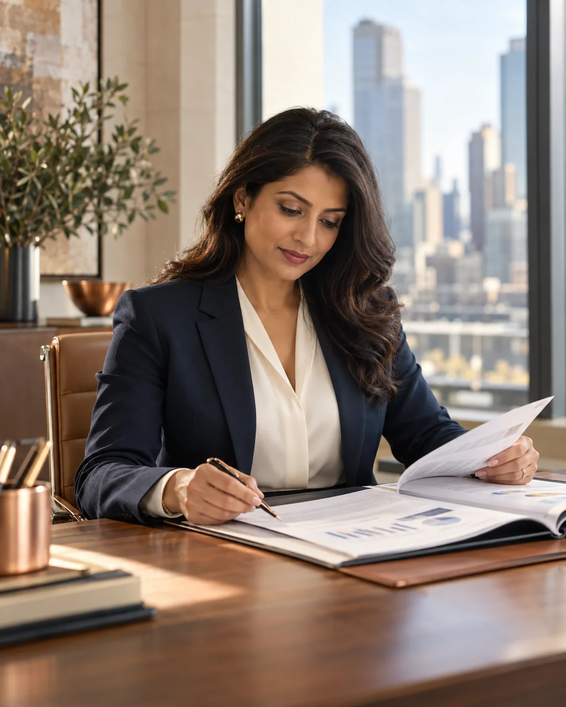 Illustrative CPA reviewing financial statements in a contemporary office